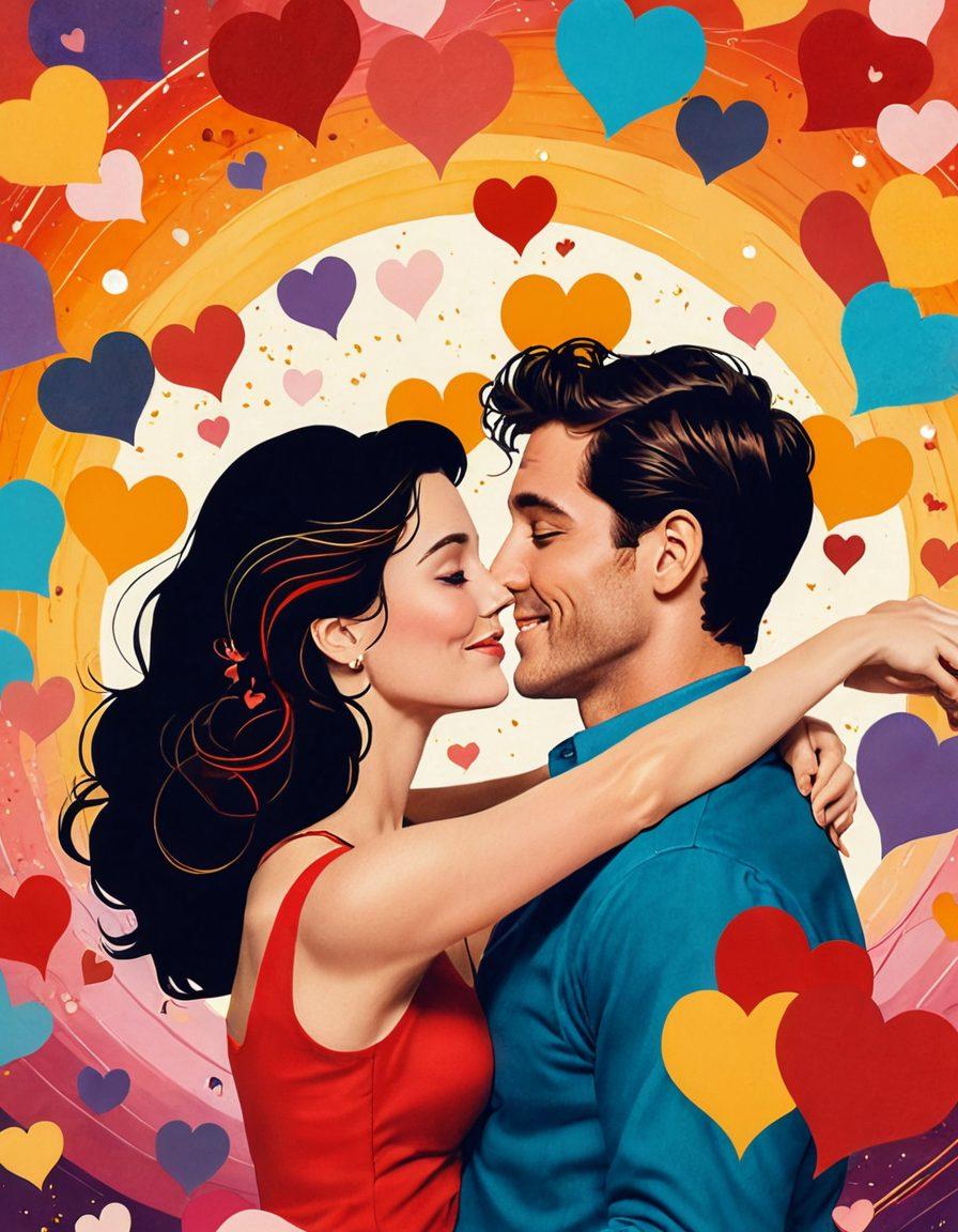 A vibrant collage of romantic movie scenes blending heartfelt drama and comedic moments. Include iconic elements like a couple sharing an emotional embrace, witty dialogue bubbles, and a backdrop of film reels. Surround them with soft golden lighting to evoke warmth and happiness. Add whimsical touches like hearts and laughter symbols to reflect the theme of love and laughter. vibrant colors. cinematic style.