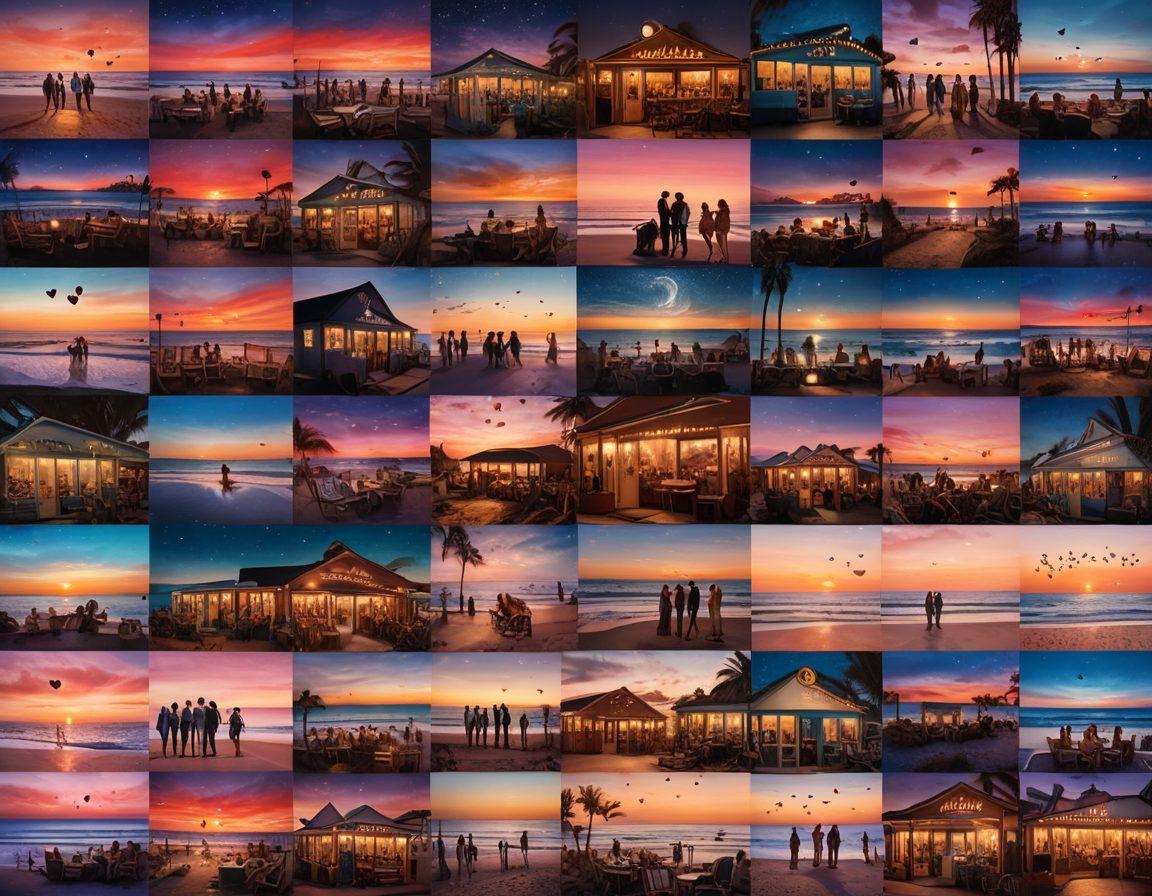 A colorful collage of diverse romance movie scenes featuring passionate couples, heartfelt moments, and emotional expressions. The background showcases iconic romantic movie settings like a cozy coffee shop, a beach sunset, and a starry night, with film reels and hearts intertwined. The visuals should provoke a range of emotions such as love, joy, and nostalgia. vibrant colors. cinematic style.